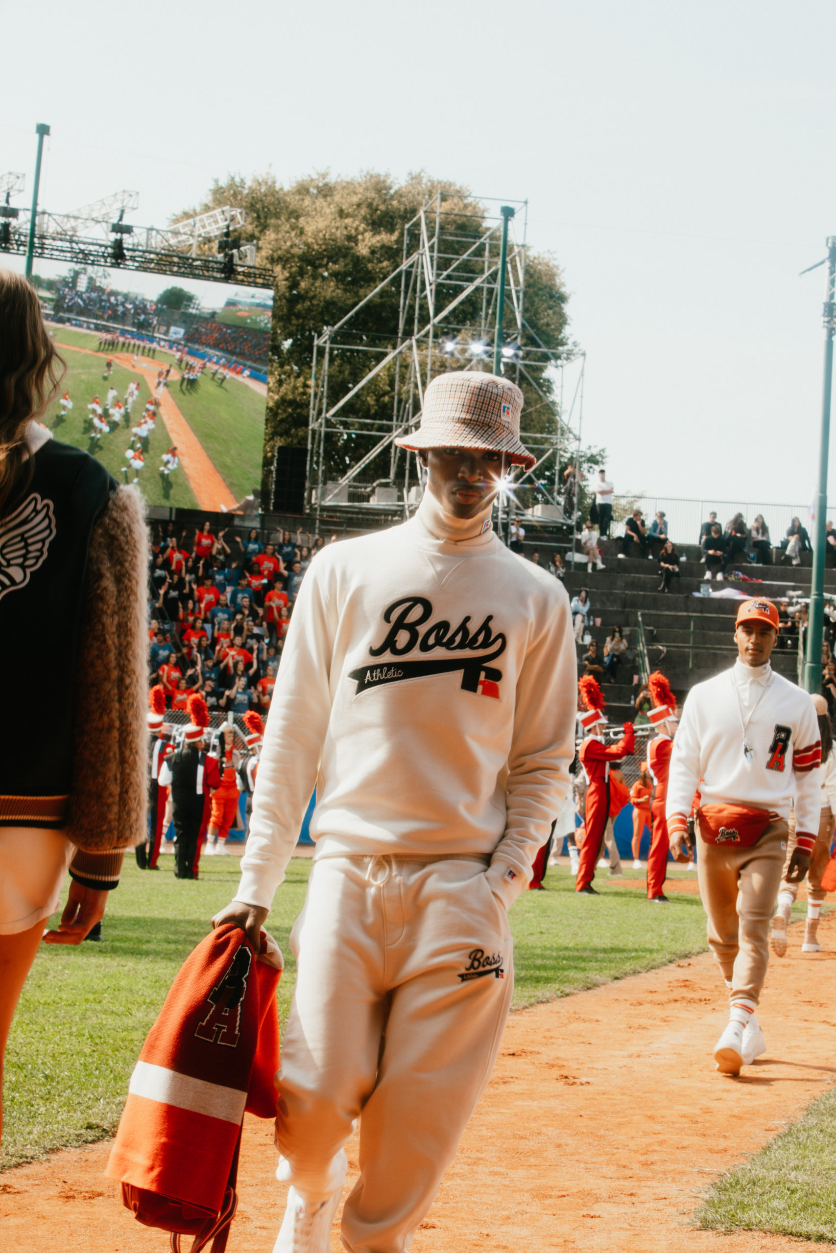 The BOSS x Russell Athletic fashion show on a Milan baseball pitch